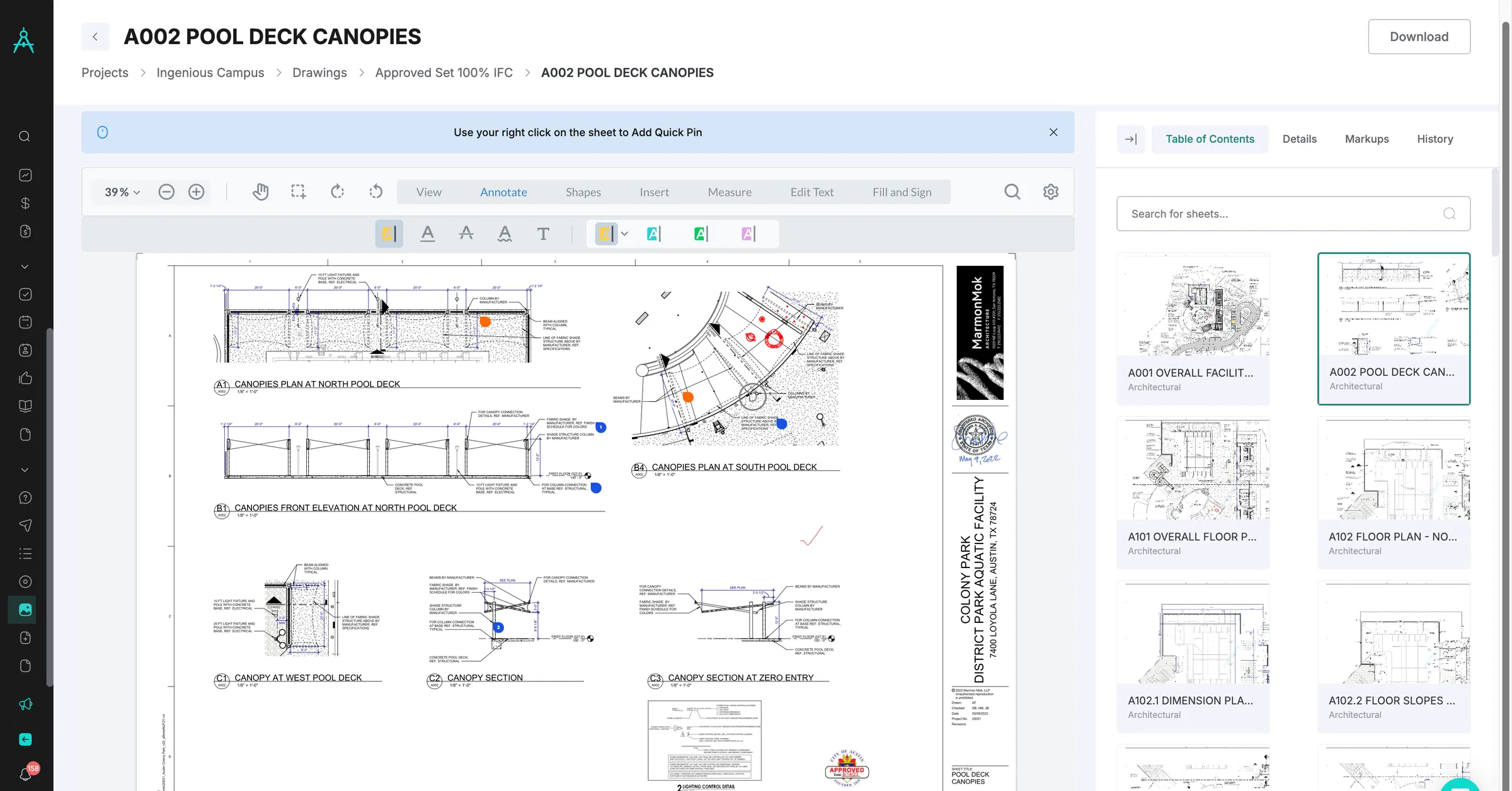 Latest approved drawing sets shared with the project team in INGENIOUS