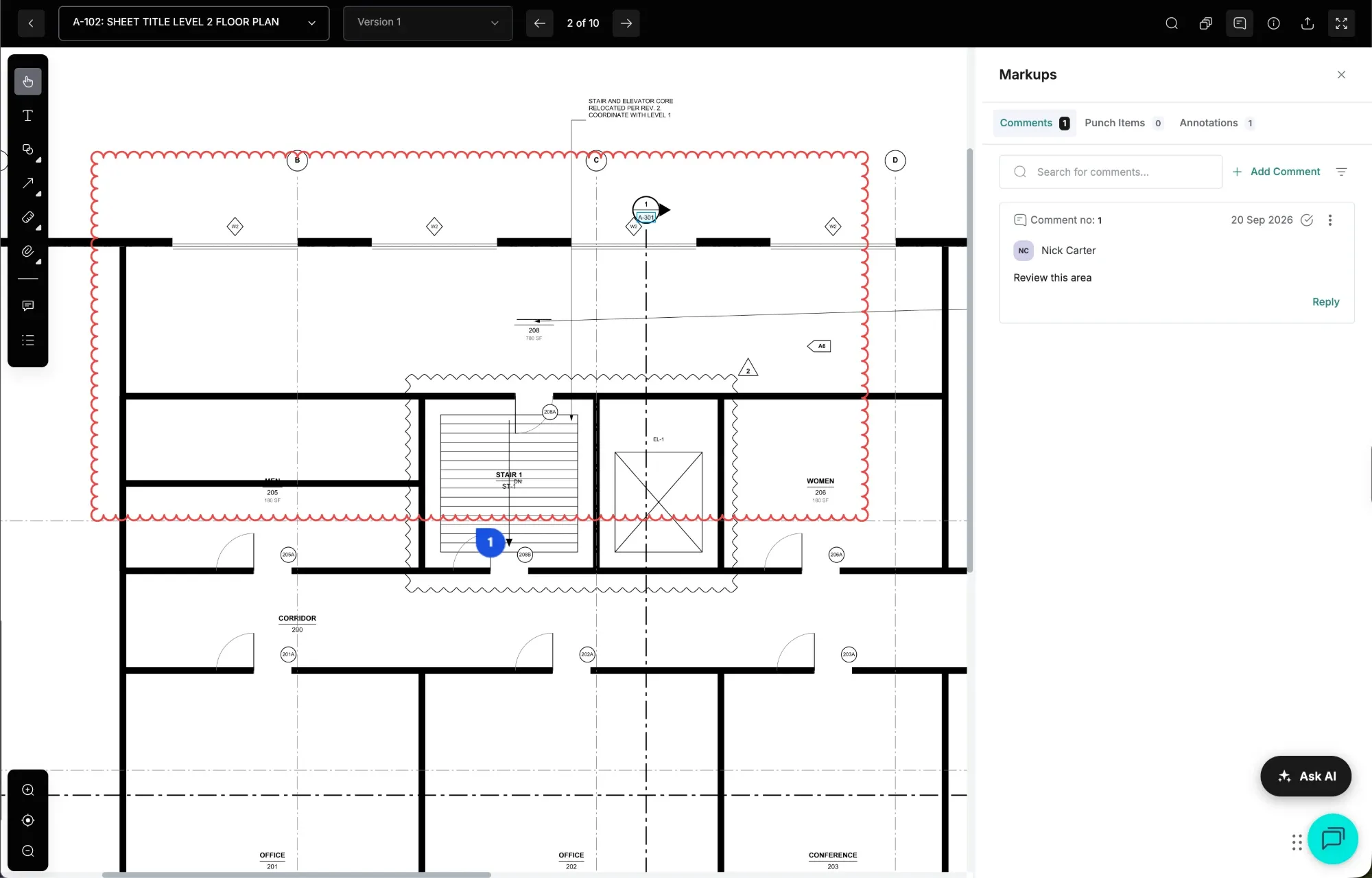 Sheet A-102, Level 2 floor plan, with a clouded markup and a comment thread in INGENIOUS.BUILD