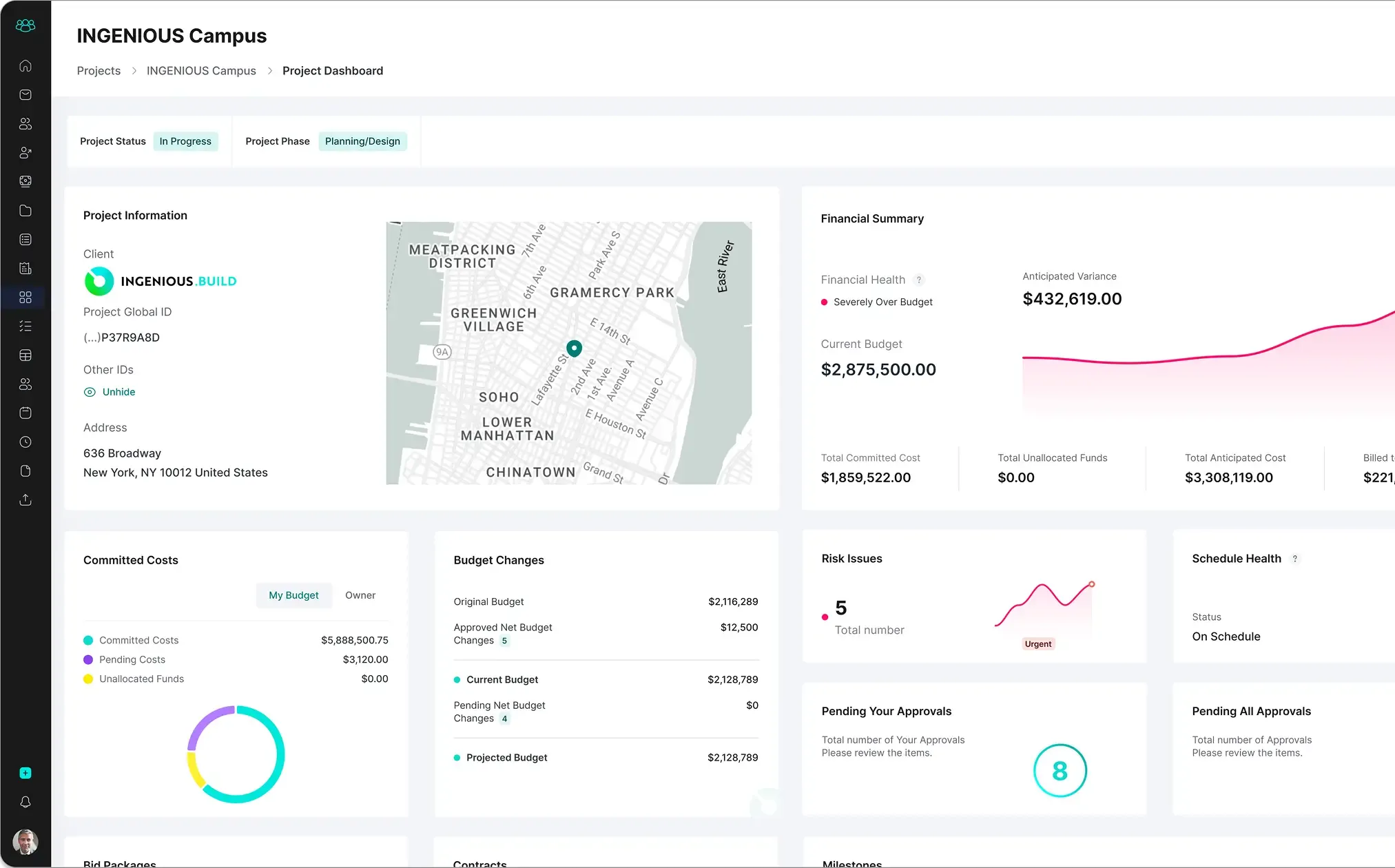 INGENIOUS construction project management dashboard showing project risks, schedule health and pending approvals in real time.