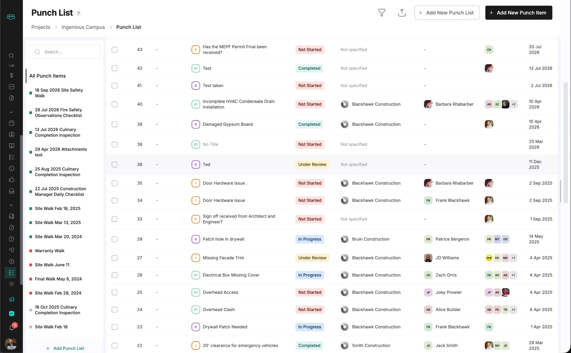 INGENIOUS.BUILD punch list with items by status, company, assignee and due date, grouped by site walk