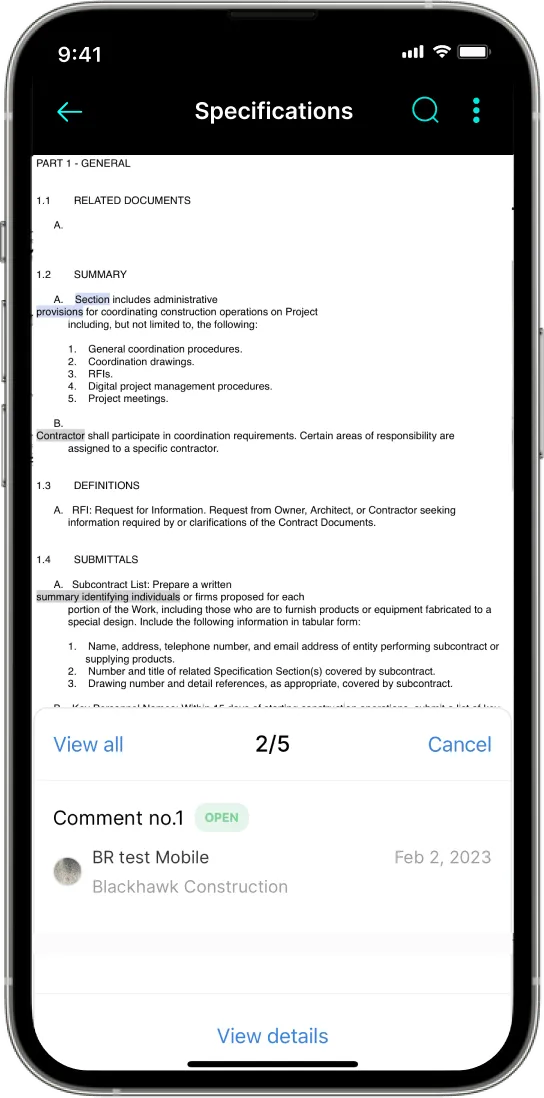 Our mobile friendly construction management software is perfect for specs and submittals.