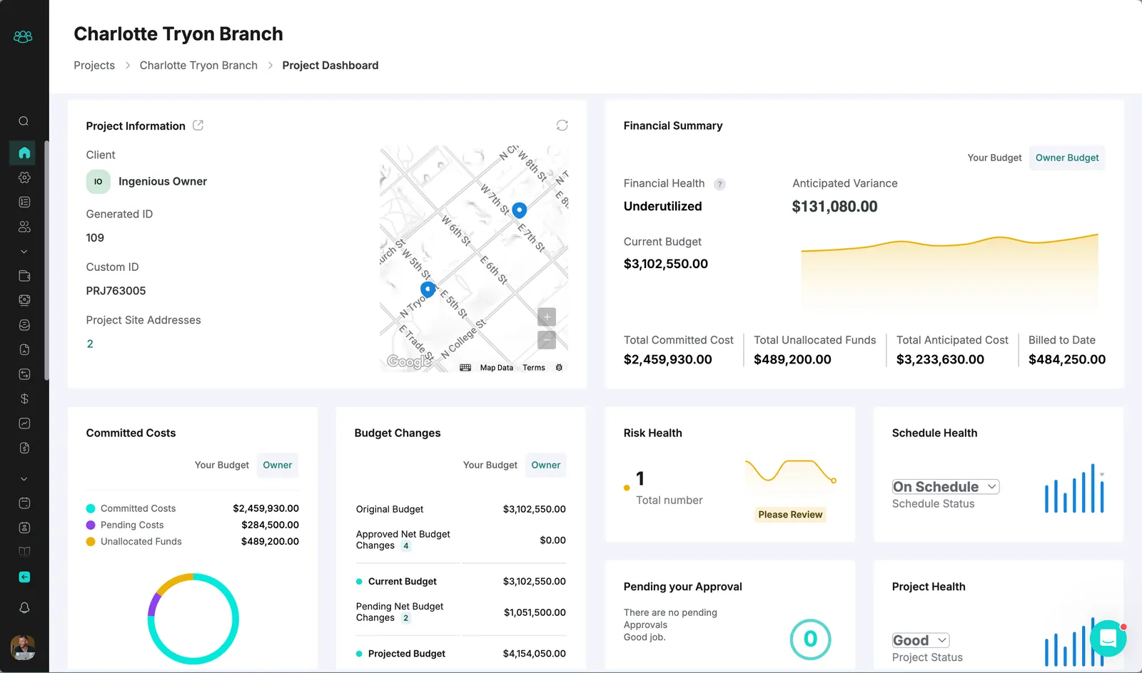INGENIOUS.BUILD project dashboard showing the financial summary, committed costs, budget changes, risk health and schedule health