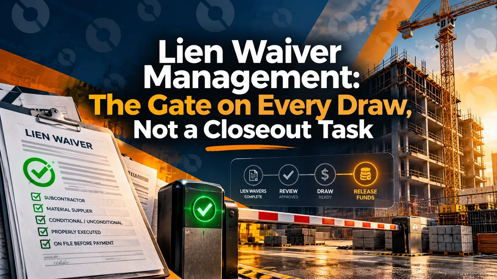 Lien waiver checklist on a clipboard beside a site gate, with steps from lien waivers through review and draw to releasing funds