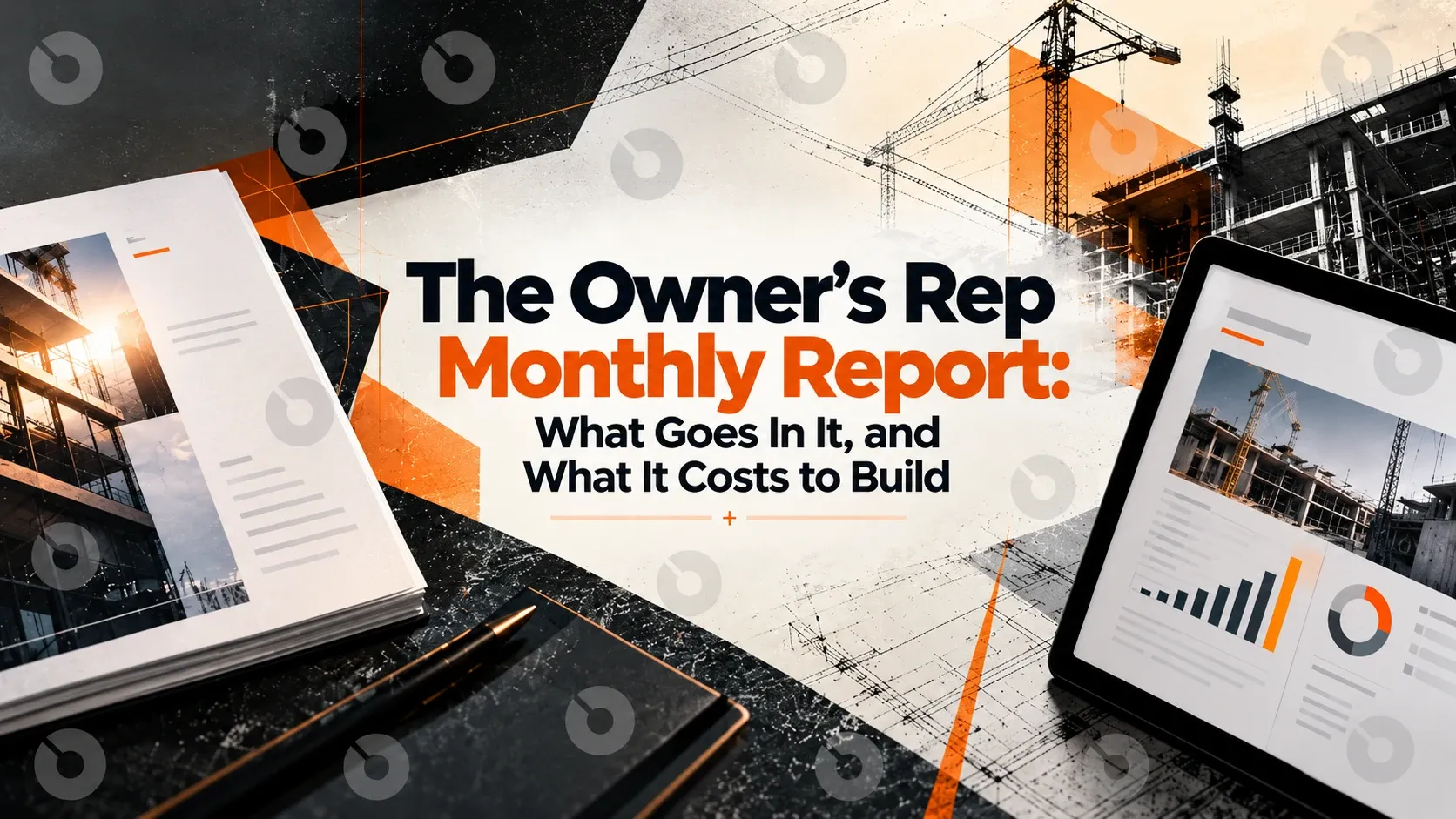 Printed monthly report and a tablet with charts and site photos, set against a building frame and tower crane