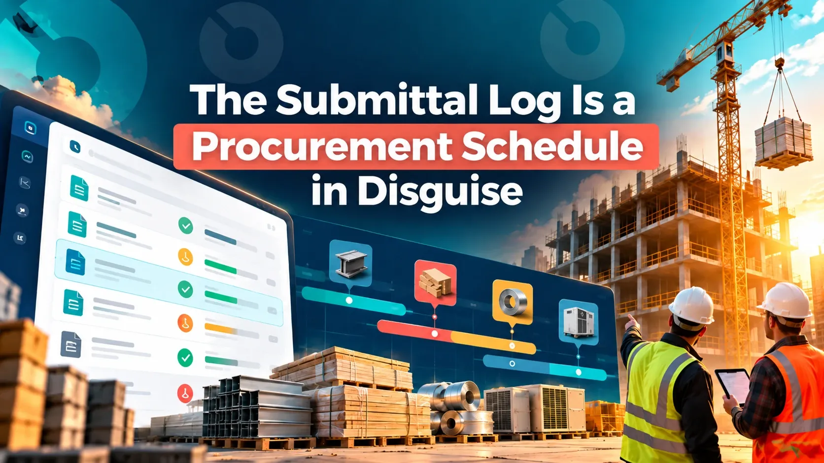 Submittal log on screen beside a procurement timeline of steel, lumber, coil and mechanical units, with two workers reviewing a building under construction